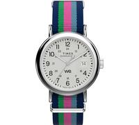 Timex Montre Weekender 37 mm pour femme - Bracelet bleu - Cadran blanc - Boîtier argenté