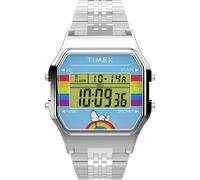 Timex Peanuts 80 Dream in Color Montre unisexe 34 mm Bracelet en acier inoxydable Cadran numérique Boîtier argenté
