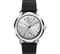 Timex Peanuts Automatic Montre pour hommes, 40 mm, bracelet en cuir noir à ouverture rapide, en deux pièces, cadran argenté, boîtier en acier inoxydable TW2W54000