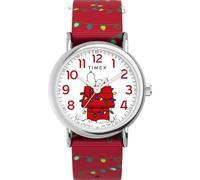 Timex Peanuts Montre pour Femme 38 mm - Bracelet en Tissu Rouge à glissière, Cadran Blanc, boîtier argenté, TW2W80800