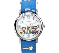 Timex Peanuts TW2W19400 Montre 38 mm pour Homme, avec Bracelet en Tissu Bleu, Cadran Blanc et boîtier argenté