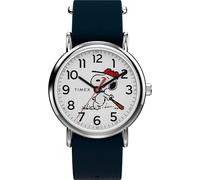 Timex Peanuts Weekender Montre de Baseball pour Homme avec Cadran Blanc et boîtier argenté Bleu 38 mm