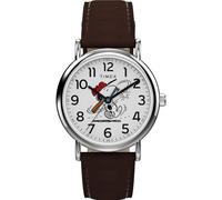 Timex Peanuts Weekender Montre de Baseball pour Homme avec Cadran Marron et boîtier argenté 38 mm