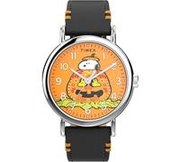 Timex Peanuts Weekender Montre pour Homme 40 mm - Bracelet Noir, Cadran Orange, boîtier argenté