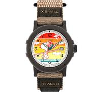 Timex Peanuts x Camper Ski TW4B34900i Montre 38 mm pour Homme, avec Bracelet Auto-agrippant en Tissu Brun et boîtier en résine