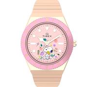Timex Peanuts x Q in Bloom TW2W83800 Montre 36 mm pour Femme, avec Bracelet Extensible Or Rose en Acier Inoxydable et Cadran Rose