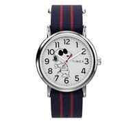 Timex Peanuts x Weekender Joe Cool TW2Y31100 Montre 38 mm pour Homme, avec Bracelet en Tissu Bleu, Cadran Blanc et boîtier argenté