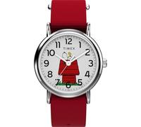 Timex Peanuts x Weekender Snoopy Dog House TW2Y31200 Montre 38 mm pour Homme, avec Bracelet en Tissu Rouge, Cadran Blanc et boîtier argenté