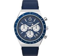 Timex Q Chronograph Montre pour Hommes, 40 mm, Bracelet en Cuir Bleu à Ouverture Rapide, en Deux pièces, Cadran Bleu, boîtier en Acier Inoxydable TW2W51700