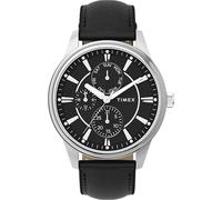 Timex TW2Y21600 Chicago Montre à Quartz 45 mm pour Homme, avec Bracelet en Cuir Noir, Cadran Noir et boîtier argenté
