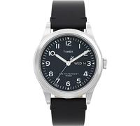 Timex Waterbury Montre pour hommes, 39 mm, bracelet en cuir noir à ouverture rapide, en deux pièces, cadran noir, boîtier en acier inoxydable TW2W14700