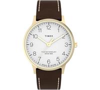 Timex Waterbury Montre pour hommes, 40 mm, bracelet en cuir marron à ouverture rapide, en deux pièces, cadran blanc, boîtier doré TW2W84400