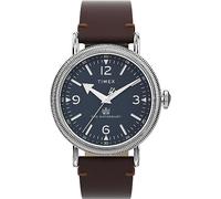 Timex Waterbury Montre pour hommes, 40 mm, bracelet en cuir marron à ouverture rapide, en deux pièces, cadran bleu, boîtier argenté TW2W20400