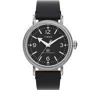 Timex Waterbury Montre pour hommes, 40 mm, bracelet en cuir noir à ouverture rapide, en deux pièces, cadran noir, boîtier argenté TW2W20200