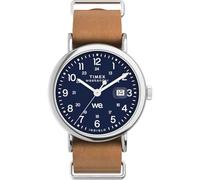 Timex Weekender TW2W86800 Montre 40 mm pour Homme, avec Bracelet en Cuir Brun, Cadran Bleu et boîtier argenté