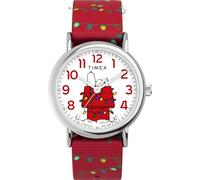 Timex X Peanuts Montre pour femme Weekender Holiday 38 mm Bracelet rouge Cadran blanc Boîtier argenté, Rouge, Décontracté
