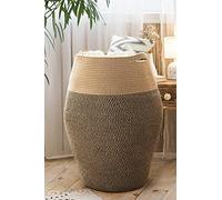 TIMEYARD Grand panier à linge tressé pour ranger les vêtements dans la buanderie, 65 cm de haut, noir et jute