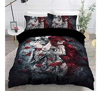 Timiany Ensemble De Literie Housse De Couette Skull & Roses 135x200cm, Housses De Couette en Microfibre Halloween Gothic Skull Et 2 Taie d'oreiller 80x80cm (Squelette,220x240+50x75)