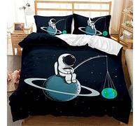 Timiany Housse De Couette 135x200cm Enfants Garçons étoiles Bleues Astronaute Fusée Planètes Espace Ensemble De Literie pour Enfants Et Taie d'oreiller 80x80cm (Dessiner,200x200+80x80)
