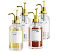 TIMIFTE Lot de 4 distributeurs de sirop de café pour accessoires de café, distributeur à pompe à café, bouteille de sirop en verre avec pompes dorées et 42 étiquettes, 500 ml