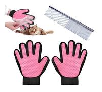 TIMJJG 1 Paire de Gants d'épilation Roses avec 1 Peigne de toilettage en Acier Inoxydable, Gants d'épilation pour Animaux de Compagnie, Gants d'épilation de Massage, adaptés aux Chatons et aux Chiens