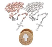 TIMJJG Boîte À Bijoux Croix 1 Pièce, Chaîne De Perles Croisées 2 Pièces, Boîte De Collecte De Bijoux en Bois Massif, Perles De Prière Religieuses, Cadeau De Baptême.