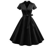 Timormode Robe Années 50's Audrey Hepburn Rockabilly Swing,Plissé Robe à Manches Courtes 10084Black 2XL