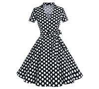 Timormode Robe Années 50's Audrey Hepburn Rockabilly Swing,Plissé Robe à Manches Courtes 10084Black Dots 2XL
