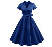 Timormode Robe Années 50's Audrey Hepburn Rockabilly Swing,Plissé Robe à Manches Courtes 10084Blue L