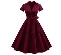 Timormode Robe Années 50's Audrey Hepburn Rockabilly Swing,Plissé Robe à Manches Courtes 10084Burgundy L