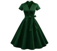 Timormode Robe Années 50's Audrey Hepburn Rockabilly Swing,Plissé Robe à Manches Courtes 10084Darkgreen XL