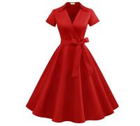 Timormode Robe Années 50's Audrey Hepburn Rockabilly Swing,Plissé Robe à Manches Courtes 10084Red M