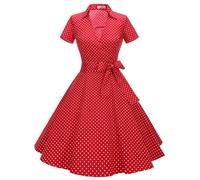 Timormode Robe Années 50's Audrey Hepburn Rockabilly Swing,Plissé Robe à Manches Courtes 10084Small Red White 3XL