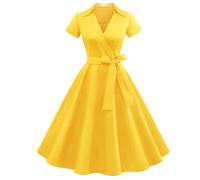 Timormode Robe Années 50's Audrey Hepburn Rockabilly Swing,Plissé Robe à Manches Courtes 10084Yellow 2XL