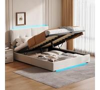 TIMORWTF Lit Coffre 160x200 avec Sommier,Cadre de Lit avec Éclairage LED et Rangement,Sacs en Tissu sur Les Deux Côtés de la Tête du lit,Velours,sans Matelas, Beige