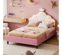 TIMORWTF Lit Double Enfant 140x200 cm, Lit Fille Princesse avec LED, Tête de lit Réglable en Forme de Couronne,Cadre de lit Rembourré avec Sommier à Lattes,pour Enfants & Adultes (Rose, 140x200cm)