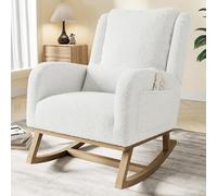 TIMORWTF Rocking Chair,Living Room Rocking Chair Interieur,Chaise à Bascule avec Coussin Lombaire,Fauteuil Allaitement en Velours Teddy avec Pieds en Bois Massif,Blanc (Blanc-C)