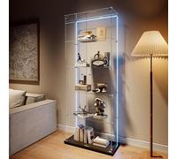 TIMORWTF Vitrine en Verre,Vitrine pour Collection avec 5 Étagères et 2 Porte,Verre Trempé Transparent vitrine sur Pied avec Bande LED,pour Chambre,Salon, Noir