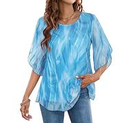 Timuspo Chemisier Blouse à manches mi-longues en mousseline de soie pour femme d'été Col rond Double couche fluide Haut Tunique, bleu, S