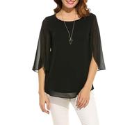 Timuspo Chemisier Blouse en mousseline de soie à manches mi-longues pour femme d'été Col rond Double couche fluide Haut tunique flottant, Noir pur, XL