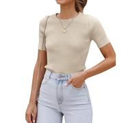Timuspo T-shirt à manches courtes pour femme - Tricoté élastique - Coupe ajustée - Col rond - Manches courtes - Pull d'été basique - T-shirt décontracté - Affaires, Abricot, XL