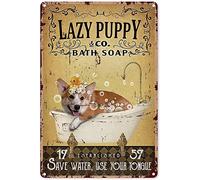 Tin Sign Lazy Puppy Bath Soaps Nostalgic Tin Signs Funny Poster Art Wall Decor for Pub Bar Vintage Wall Stickers 12x16 Inch