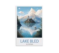 Tin Sign Métal Affiches de montagne du lac de Bled en Slovénie Retro Peinture Poster Plaque Décor pour Salle de Bains Cuisine Café Mur Halloween Cadeaux de Noël 15x30cm