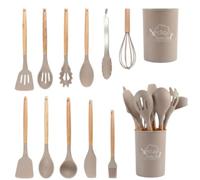 TINA&CO Lot de 12 ustensiles de cuisine en silicone avec manche en bois - Kit de cuisine complet d'ustensiles de ménage, antiadhésifs, résistants à la chaleur et durables (Beige)