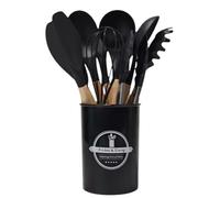 TINA&CO Lot de 12 ustensiles de cuisine en silicone avec manche en bois - Kit de cuisine complet d'ustensiles de cuisine anti-salissure, résistants à la chaleur et durables (Noir)