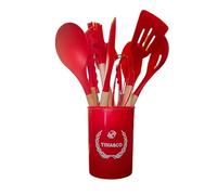 TINA&CO Lot de 12 ustensiles de cuisine en silicone avec manche en bois, résistants et durables Rouge
