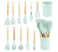 TINA&CO Lot de 12 ustensiles de cuisine en silicone avec manche en bois, résistants et durables Vert clair