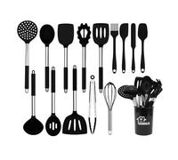 TINA&CO Lot de 15 ustensiles de cuisine en silicone avec poignée en acier inoxydable, résistants à la chaleur, anti-adhésifs, grandes spatules, passent au lave-vaisselle (Noir)