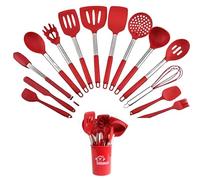TINA&CO Lot de 15 ustensiles de cuisine en silicone avec poignée en acier inoxydable, résistants à la chaleur, anti-adhésifs, grandes spatules, passent au lave-vaisselle (Rouge)
