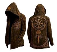 Tinarying Cardigan nordique mythe moyen avec capuche imprimé 3D pour homme - Veste de motard - Printemps été - Costume médiéval pour Halloween, carnaval, cosplay, 2-marron, S